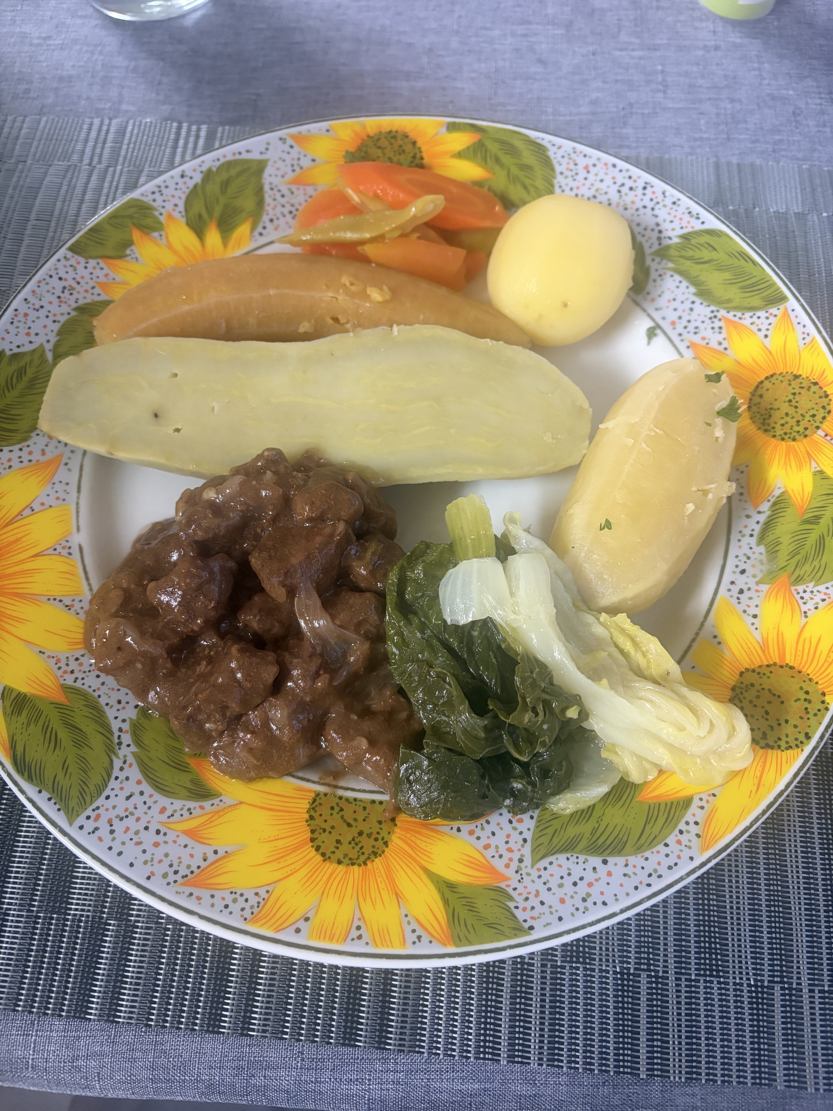 牛肉の煮込みと芋、野菜が盛られた料理