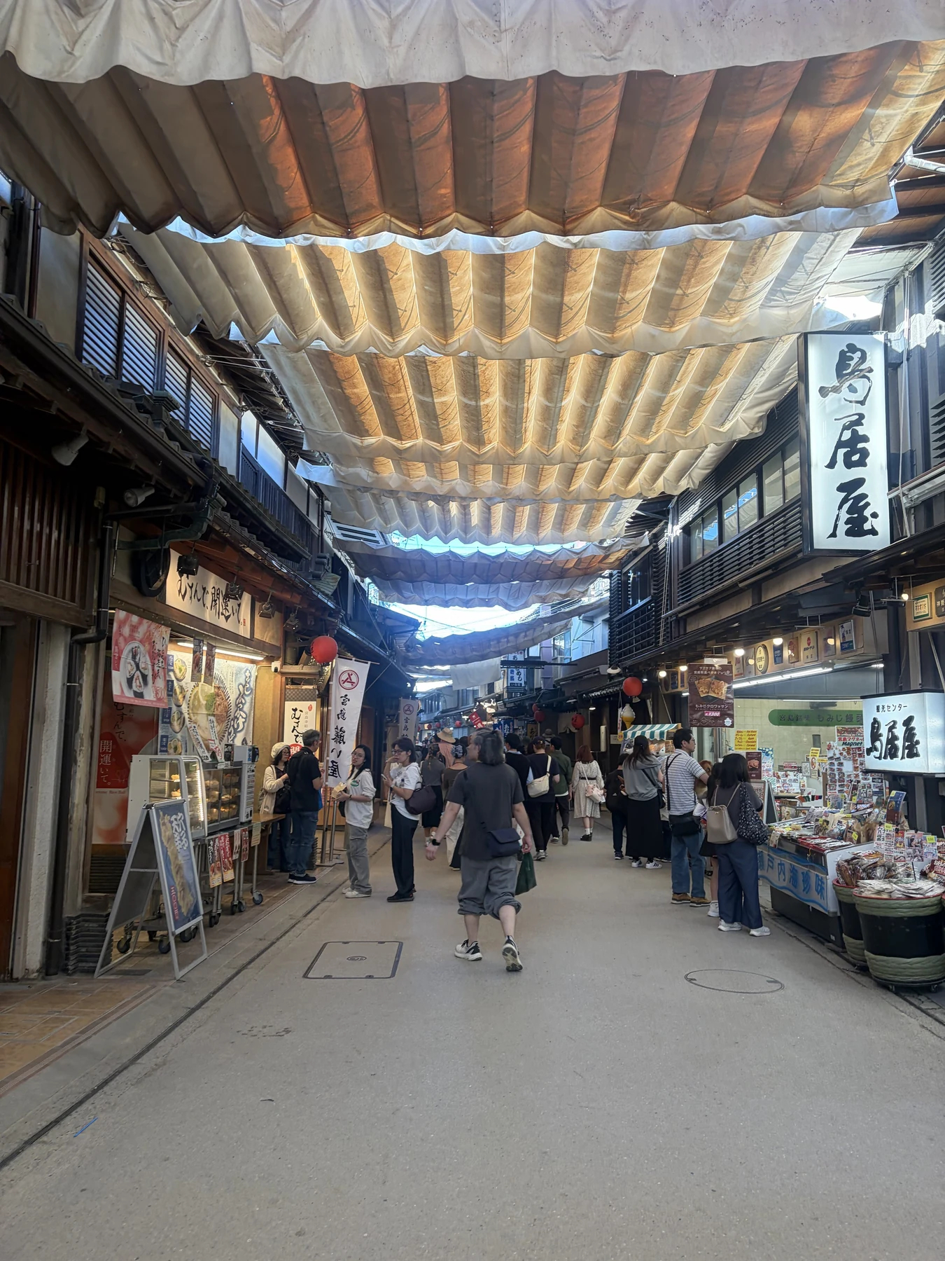 店が並び多くの人が歩く宮島の商店街