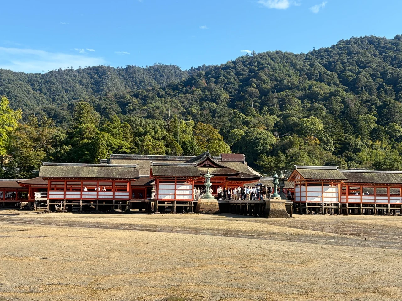 潮が引いた海側から見た厳島神社の社殿
